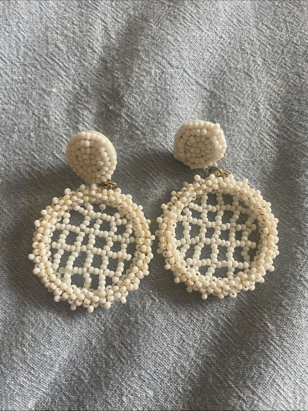 Handcrafted Cream Beaded Hoop Drop Earrings